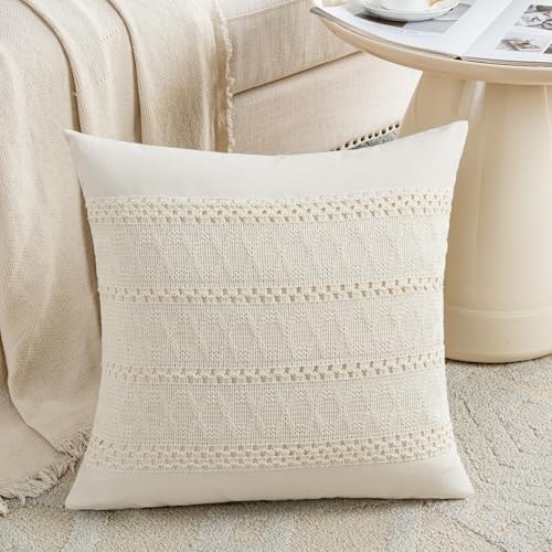 Fancy Homi Set of 2 Boho Cream Decorative Throw Pillow Cover 16x16 Inch for Couch Bed Sofa, Aesthetic Modern Organic Farmhouse Home Decor, Soft Cotton Cute Accent Macrame Woven Cushion Case - color: Cream, size: 16" x 16" (Pack of 2)