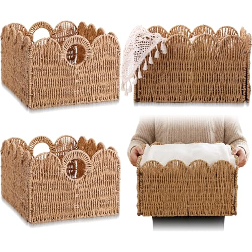Leinuosen 4 Packs Scalloped Wicker Storage Basket Paper Rope Pantry Baskets for Shelves Organizing Toilet Paper Foldable Rattan Cube Storage Bins Boho Organizer Bins for Home, 13 x 11 x 7.9 Inches