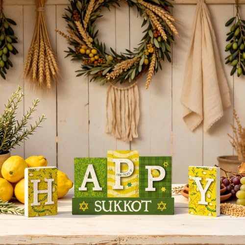 Smile Sukkot Wooden Standing Decor, Happy Sukkot Letter Blocks with Etrog and Star of David Tiered Tray Tabletop Signs for Jewish Holiday Decor - style: Letter Sukkot