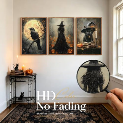 KAIRNE Black Cat Halloween Wall Art Dark Witch Gothic Print Set-24’’X36’’X3 - color: Dark Halloween, size: 24"Lx36"W
