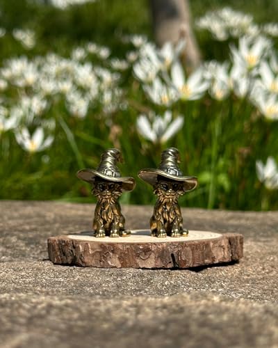 2Pcs Brass Witch Cat Statues, Mini Wizard Hat Figurines for Shelf Desk