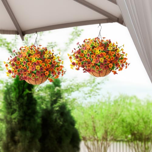 Artificial Fall Hanging Flowers Basket, UV Resistant Mums for Outdoors - color: Orange Brown Yellow
