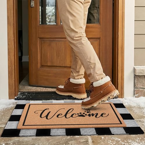 2-Piece Layered Welcome Mat Set - Coir Doormat & Buffalo Plaid Rug - color: Dog Paws