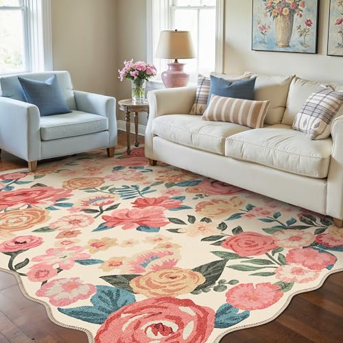 PureCozy Washable Floral Area Rug 5x7 for Living Room Vintage Beige Carpet - color: Scalloped Beige, size: 5' x 7' (Rectangular)
