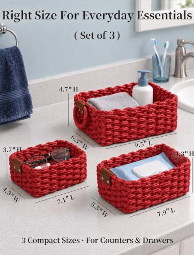Small Wicker Baskets, 3 PCS Paper Rope Baskets for Shelves, Red - color: Red