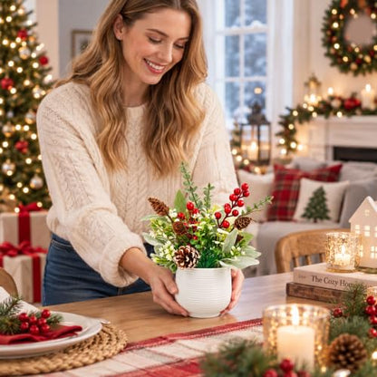 Der Rose Christmas Centerpiece for Tables, Small Fake Plants in White Pot - color: Red