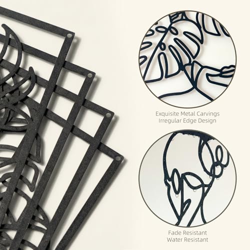 deeinglif Minimalist Woman Metal Wall Art Set of 4-3D Abstract Female Line Art Wall Decor with Monstera Leaf & Lotus, Modern Black Silhouette Hanging for Bedroom, Living Room, Above Bed (12x17 Inch)
