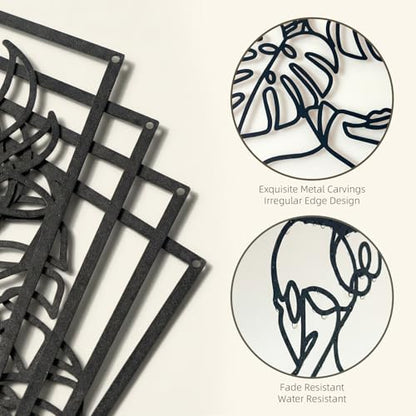 deeinglif Minimalist Woman Metal Wall Art Set of 4-3D Abstract Female Line Art Wall Decor with Monstera Leaf & Lotus, Modern Black Silhouette Hanging for Bedroom, Living Room, Above Bed (12x17 Inch)