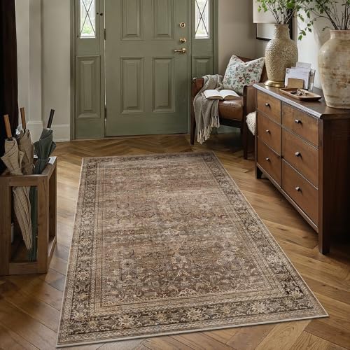 Schweek 4x6 Brown Area Rug Washable Non-Slip Vintage Floral Entryway Rugs - color: Brown, size: 4' x 6' (Rectangular)