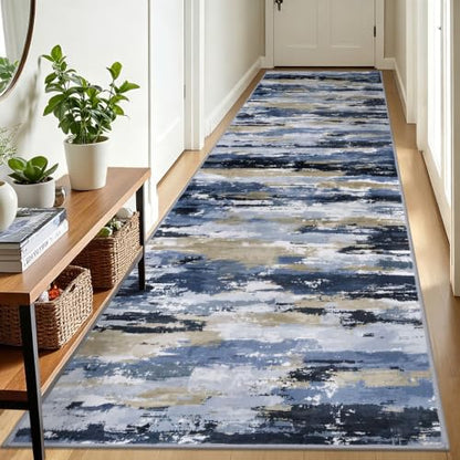 Abstract Washable Runners for Hallway 3x10 Runner Rug Non Slip - color: Navy / Blue / Taupe, size: 3' x 10' (Runner)