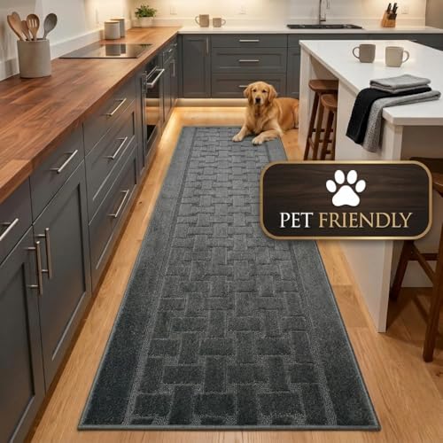 10 FT Long Non Slip Washable Runner Rug – 2'2" x 10' Custom Size Carpet Runner with Rubber Backing, Hallway Kitchen Bedroom Bathroom Floor Mat, Anthracite Dark Grey - color: Anthracite Labyrinth, size: 2'2" x 10' (Rectangular)