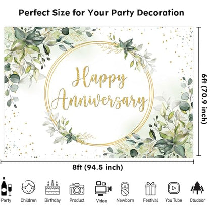 Sensfun 8x6ft Happy Anniversary Backdrop Sage Green Eucalyptus Wedding Anniversary Party Decorations Greenery Marriage Memorial Day Cheers to 10 Years 25th 40th 50th Wedding Day Banner - size: 8x6ft