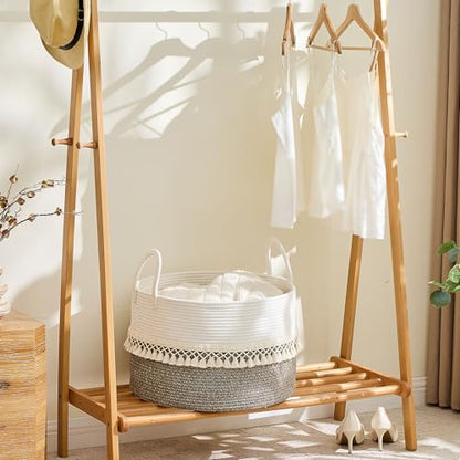 KAKAMAY Large Blanket Basket with Handles, Storage Basket for Living Room - color: Beige Fringe
