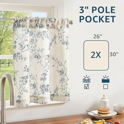 jinchan Floral Linen Kitchen Tier Curtains, 30 Inch, 2 Panels, Blue - color: Alisa Blue, size: 26"W x 30"L (Pack of 2)