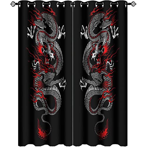 Fantasy Chinese Dragon Curtains - Cool Retro Black Red Japanese Anime Dragon Window Treatment Room Darkening Blackout Curtains Thermal Insulated Grommet Curtains 2 Panels 54L x 21W - color: Fantasy Chinese Dragon, size: 42"W x 54"L (Pack of 1)