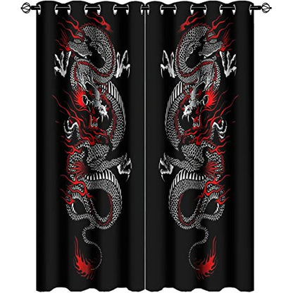 Fantasy Chinese Dragon Curtains - Cool Retro Black Red Japanese Anime Dragon Window Treatment Room Darkening Blackout Curtains Thermal Insulated Grommet Curtains 2 Panels 54L x 21W - color: Fantasy Chinese Dragon, size: 42"W x 54"L (Pack of 1)