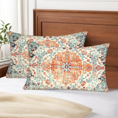 Boho 12X20 Lumbar Throw Pillow Covers Set of 2 Orange Blue - color: Orange