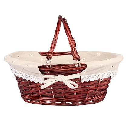 2 Pack Medium Size Wicker Basket with Handle, 12.6x9x4.7 in Wicker Picnic Basket with Liner, Empty Gift Basket, Oval Willow Woven Basket for Fruit, Candy, Wine, Gathering, Wedding, Picnic,by GNIEMCKIN - size: 2 PCS medium brown