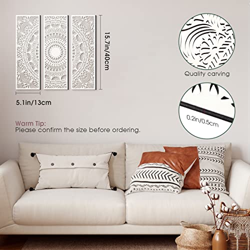 Blulu 3pcs Mandala Wall Art Carved Wood Wall Art Floral Aesthetic Wooden Plaque Set Wood Carving Decor Farmhouse Modern Cutout Plaque for Home Bathroom Decoration(15.8 x 5.1 Inch,White)