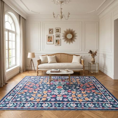 ThreadGlobe Patterned Washable 5x7 Area Rugs Modern for Living Room, Blue - color: Blue Flower, size: 5' x 7'