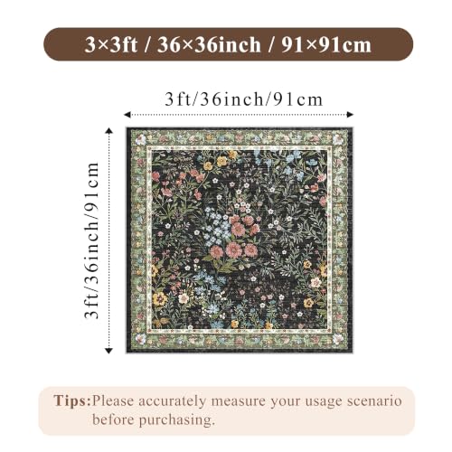 3x3 Square Entry Rug Foyer Entryway: Non-Slip Floral Washable Rugs for Indoor Floor Living Room Kitchen Bedroom - Soft Thin Doormat Carpet Boho Vintage Home Decor (3ft Square, Black) - color: Black, size: 3x3