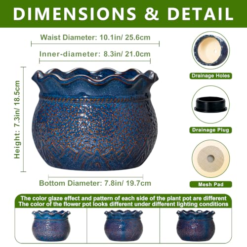 Ceramic Pots for Plants, 10 Inch Planter with Drainage, Retro Blue - color: Retro Blue, size: 10 Inch