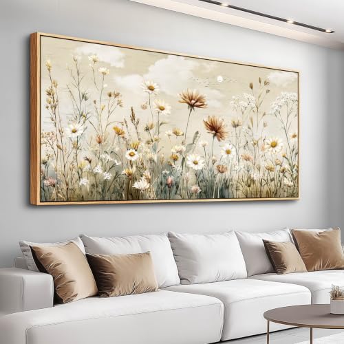 FUHAIHUA Canvas Wall Art for Living Room Wall Decor for Bedroom Office Wall Decoration Beige Wildflower Meadow Landscape Painting Farmhouse Pictures Artwork Room Aesthetic Home Decor 20x40 in - color: Beige Wildflower Meadow Canvas Wall Art, size: 40"L x