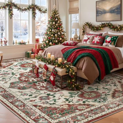U'Artlines Red Christmas Area Rug 9x12 Boho Washable Soft Holiday Carpet - color: Christmas Red, size: 9' x 12' (Rectangular)