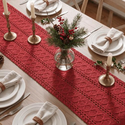 Artoid Mode Rose Red Woven Farmhouse Hollow Table Runner 12x36 Inch - color: Rose Red, size: 12" x 36", Table Runner