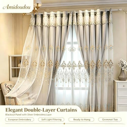 Amidoudou European Curtains with Valance, Double Layer, Grey, 51x90 Inch - color: Grey, size: 51"W x 90"L (Pack of 2)