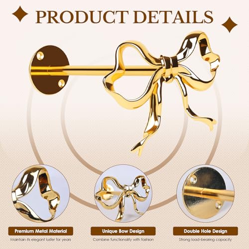 2 Pack Gold Bow Curtain Holdbacks, Solid Metal Wall Mounted Curtain Tiebacks Decorative Drapery Hooks for Living Room Bedroom Office Home
