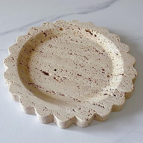 Travertine Marble Tray Round Scalloped Tray Small Serving Platter for Counter, Bathroom, Kitchen, Nightstand, Jewelry Ring Dish Holder (Beige Travertine) - color: Beige Travertine