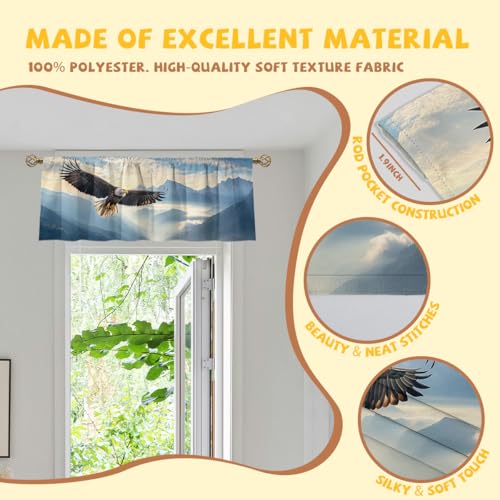 Eagle Valance Curtain for Windows 2 Pack Rustic Sun Soaring Mountain Cloud Blue Sky Rod Pocket Window Treatments Short Curtains for Kitchen Windows Bathroom Bedroom 54x18 Inch - color: Eagle