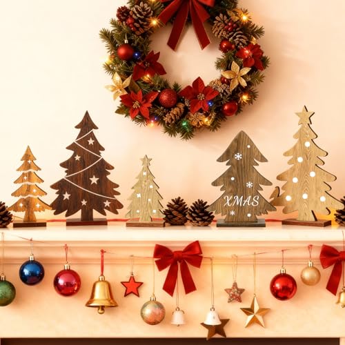 Christmas Decorations Indoor - 5PCS Wooden Christmas Trees Tabletop Shelf Decor Rustic Christmas Decorations Table Centerpieces Wooden Trees Sign for Home Office Fireplace Farmhouse Xmas Party
