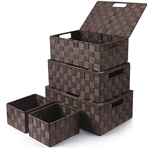 Storage Baskets with Lids: 5 Pack Stackable Woven Storage Bins, Brown - color: Brown, size: 5pack with Lids