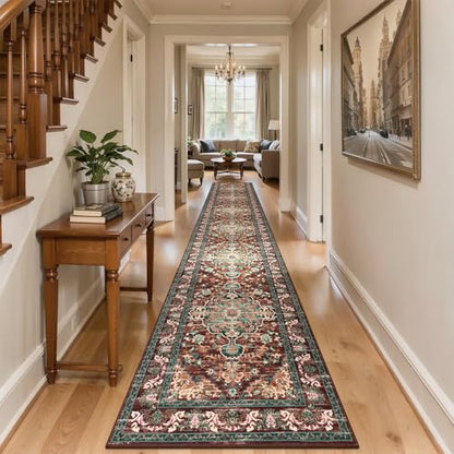 U'Artlines 3' x 18' Boho Hallway Runner Rug, Washable Carpet, Rust＆Teal - color: Rust＆teal, size: 3' x 18' (Runner)