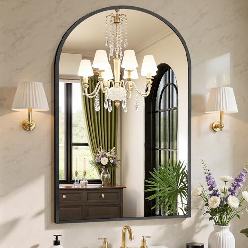 Sweetcrispy 26.5"x38" Arched Black Bathroom Mirrors for Wall, Bathroom Mirrors for Over Sink, Metal Framed with HD Shatter-Proof Glass for Entryway, Living Room, Bedroom, Home Decor - color: Black, size: 38"L x 26.5"W