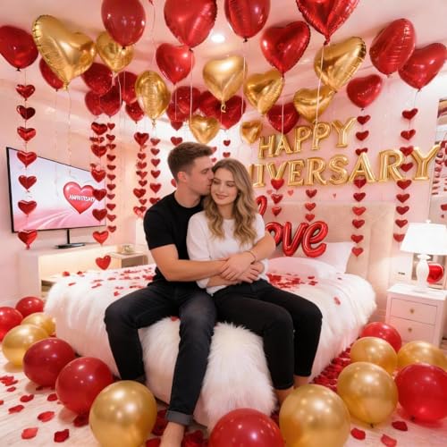 Anniversary Decorations, Happy Anniversary Banner, Hanging String Hearts, Red and Gold Balloons, Love Balloon, Red Silk Rose Petals for Wedding Bridal Shower Bachelorette Party Decorations