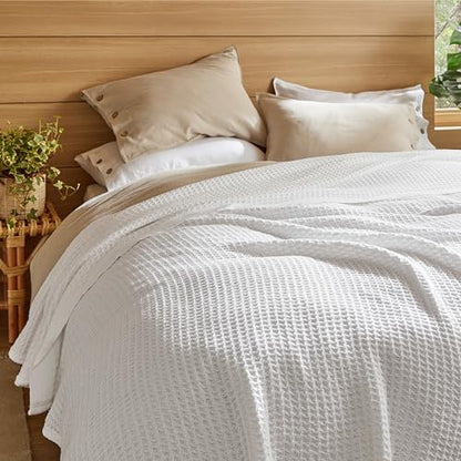 Bedsure 100% Cotton Blanket, Waffle Weave, King Size, White, 104"x90" - color: 01 White, size: King (104" X 90")
