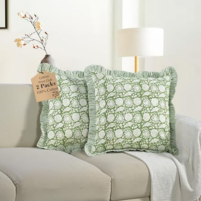 CPC Olive Bloom Block Print Ruffle Pillow Cover 18x18 Inch, Pack of 2 - color: Olive Bloom, size: 18" x 18" (Pack of 2)