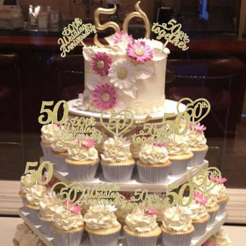 24Pcs 50th Wedding Anniversary Cupcake Toppers Gold Glitter Party Supplies