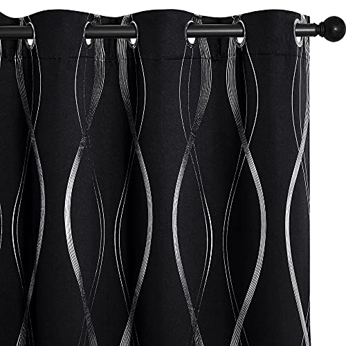 NICETOWN Black Out Curtains for Small Window, 2 Panels, 34 inches Wide by 45 inches Long, Foil Printed Wave Lines Thermal Insulated Blackout Panels/Drapes for Bedroom Kitchen Loft Cafe - color: 1 - Black, size: 34"W x 45"L (Pack of 2)
