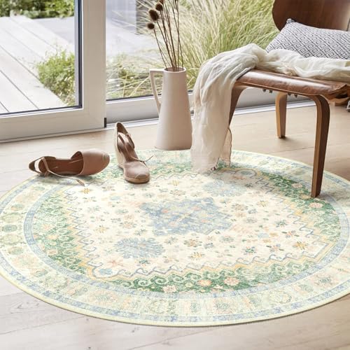 MUJOO Round Rug 4ft Small Cicle Area Rug Washable Low Pile Green and Blue - color: Green and Blue, size: 4' (Round)