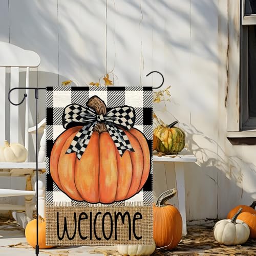 Welcome Buffalo Plaid Fall Garden Flag Pumpkin Garden Flags 12.5x18 Inch Double Sided Small Vertical Autumn Bowknot Thanksgiving For Decor Yard Outdoor Decoration - color: RMQ-561, size: 12"X18"