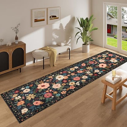 DUKINO 2.6x12 Kitchen Runner Rug, Floral Non Slip Long Washable Rug, Black - color: Black, size: 2'6" x 12' (Rectangular)