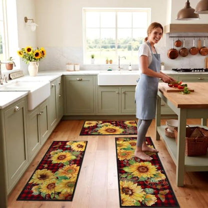 Fourluoo 3 Pcs Sunflower Kitchen Rugs and Mats Set Red Black Buffalo Plaid - color: Red Black Buffalo Plaid