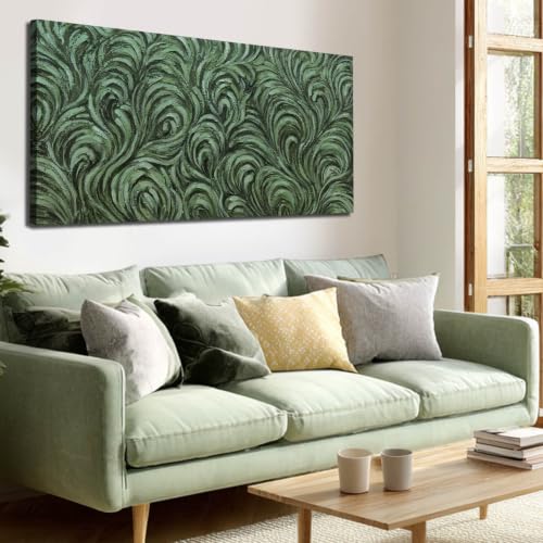 Dark Green Abstract Pattern Canvas Wall Art Modern Botanical Feather Inspired Canvas Print Elegant Textured Wall Decor for Living Room Bedroom 29x58 Inches - color: Green, size: 58"L x 29"W