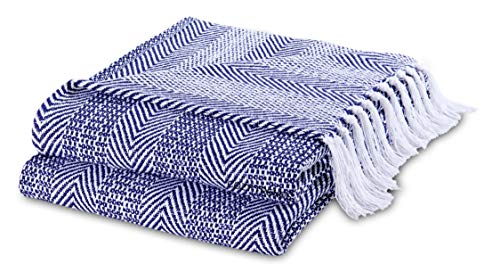 Luxurious Hand Woven Cozy Warm 100% Combed Cotton All Season Indoor Outdoor Light Weight Fade Resistant Couch Chair Bed Throw Blankets Batik 50x60 Inch Set of 2 (Navy) - color: Navy