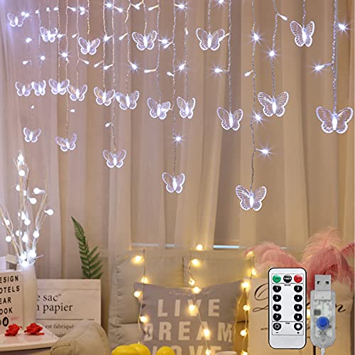 Butterfly Curtain Lights, 13ft 96 LED USB Window Fairy Lights 16 Butterflies 8 Modes Firefly Twinkle Timer String Lights with Remote for Room Bedroom Wall Ceiling Party Wedding Christmas - color: Cool White, size: 13ft