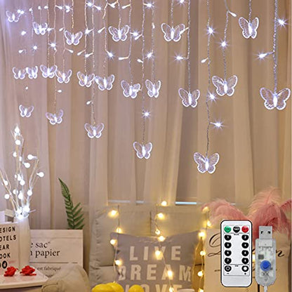 Butterfly Curtain Lights, 13ft 96 LED USB Window Fairy Lights 16 Butterflies 8 Modes Firefly Twinkle Timer String Lights with Remote for Room Bedroom Wall Ceiling Party Wedding Christmas - color: Cool White, size: 13ft
